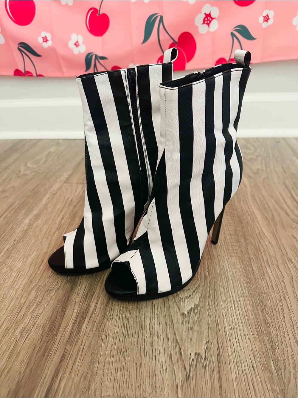 Black & White Striped Peep-Toe Stiletto Booties